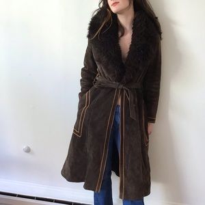 Vintage (Rare) Brown Suede 3/4 Length Faux Fur-Lined Coat